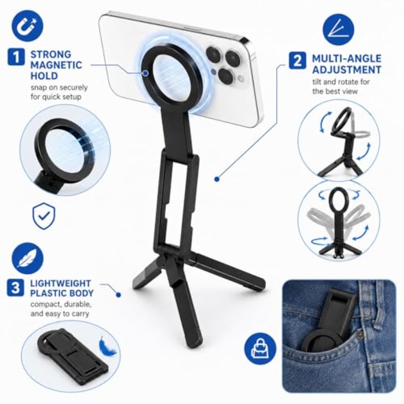 Selfie Stick Tripod - Vouwbare magnetische telefoonstatiefstandaard, lichtgewicht zakformaat handtelefoonhouder,